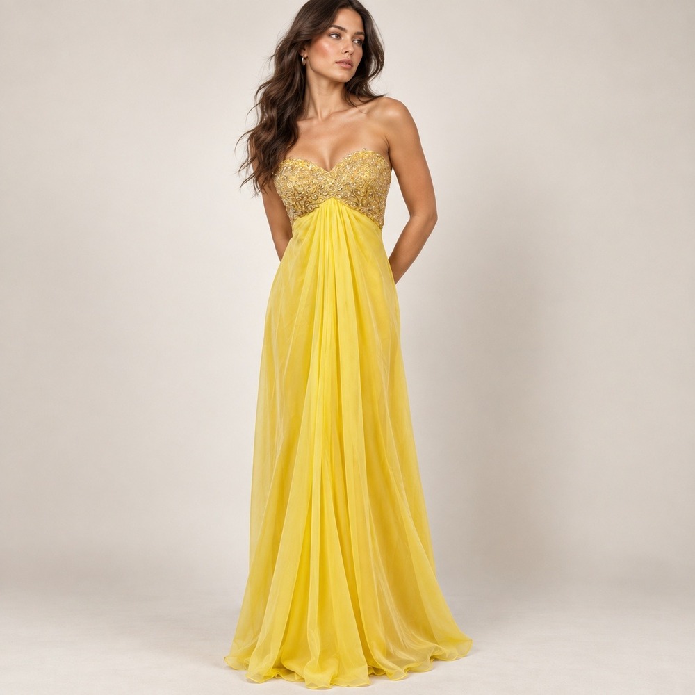 Cache Strapless Gown Women 2 Yellow Vtg Y2K Embellished Maxi Formal Prom Hoco
